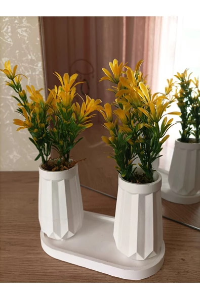 MİNİ DÜZ DESENLİ BETON SAKSI İKİLİ VE OVAL TABAK-YAPAY ÇİÇEK HEDİYELİ - 8