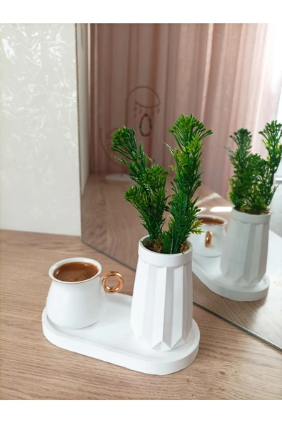 MİNİ DÜZ DESENLİ BETON SAKSI TEKLİ VE OVAL TABAK - YAPAY ÇİÇEK HEDİYELİ - 8