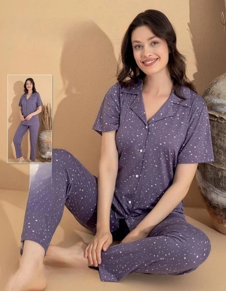Boyraz Kadın Milan Boydan Düğmeli Kısa Kol İnce Pijama Takımı 11071 - 1 Adet  L Mor - Resim 2