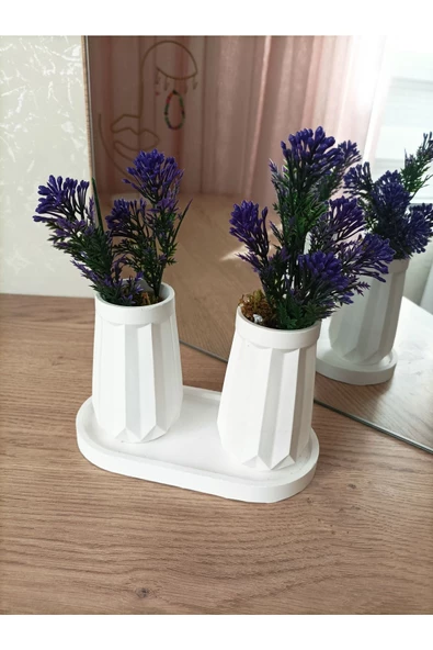 MİNİ DÜZ DESENLİ BETON SAKSI İKİLİ VE OVAL TABAK-YAPAY ÇİÇEK HEDİYELİ - 7
