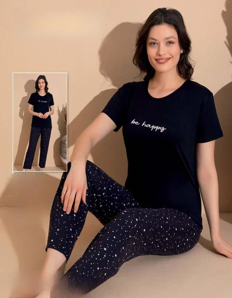 Boyraz Kadın Milan Bisiklet Yaka İnce Kısa Kol Pijama Takımı 11004 - 1 Adet  Siyah 2XL