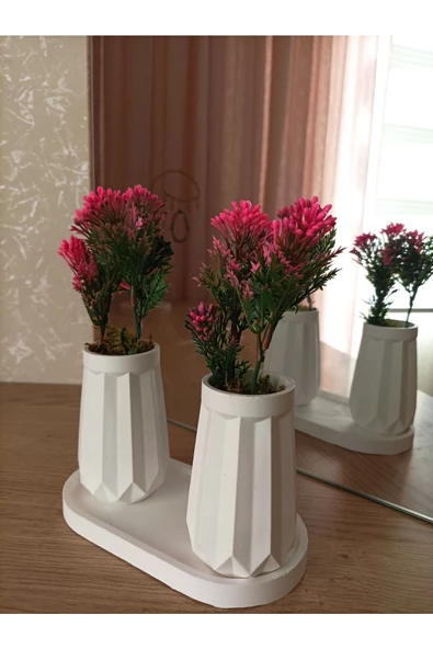 MİNİ DÜZ DESENLİ BETON SAKSI İKİLİ VE OVAL TABAK-YAPAY ÇİÇEK HEDİYELİ - 2