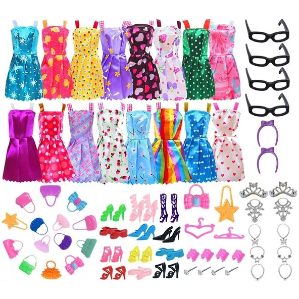Barbie Bebekler Için 42 Parça Aksesuar Kıyafet Ayakkabı Çanta Askı Gözlük Seti - 5
