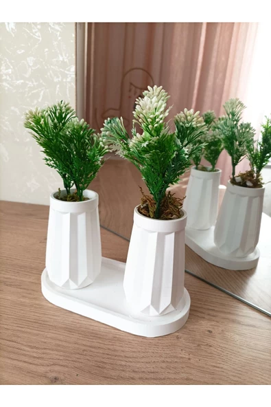 MİNİ DÜZ DESENLİ BETON SAKSI İKİLİ VE OVAL TABAK-YAPAY ÇİÇEK HEDİYELİ - 9