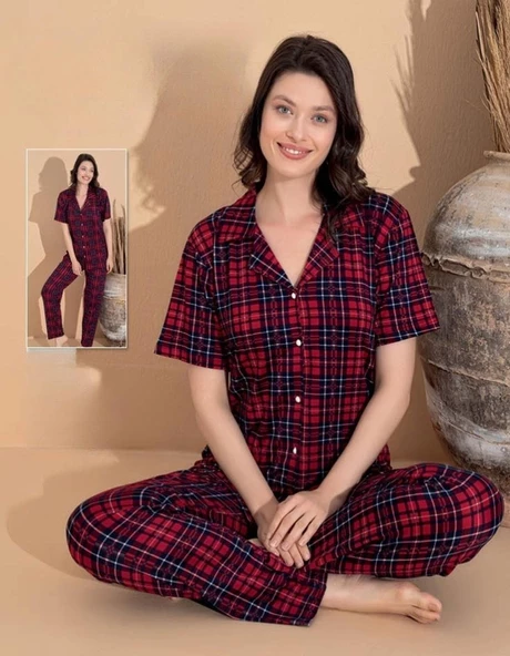 Boyraz Kadın Milan Boydan Düğmeli Kısa Kol İnce Pijama Takımı 11065 - 1 Adet  Kırmızı M