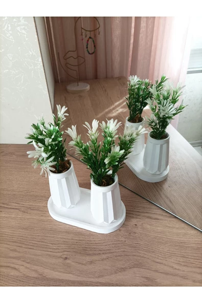 MİNİ DÜZ DESENLİ BETON SAKSI İKİLİ VE OVAL TABAK-YAPAY ÇİÇEK HEDİYELİ - 4