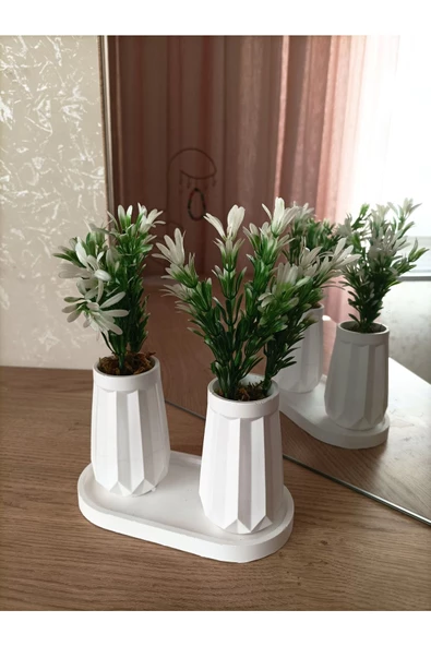 MİNİ DÜZ DESENLİ BETON SAKSI İKİLİ VE OVAL TABAK-YAPAY ÇİÇEK HEDİYELİ - 5