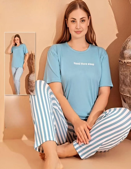 Boyraz Kadın Milan Büyük Beden Bisiklet Yaka Kısa Kol İnce Pijama Takımı 11060 - 1 Adet  XL Mavi