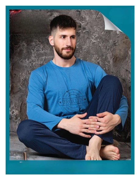 Sude Erkek Süprem Bisiklet Yaka İnce Uzun Kol Pijama Takımı A300/99 - 1 Adet  M Mavi ürün görseli