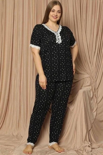 Pijamoni Kadın Viskon Büyük Beden Kısa Kol V Yaka İnce Pijama Takımı 7530/2 - 1 Adet  4XL Siyah - Resim 2