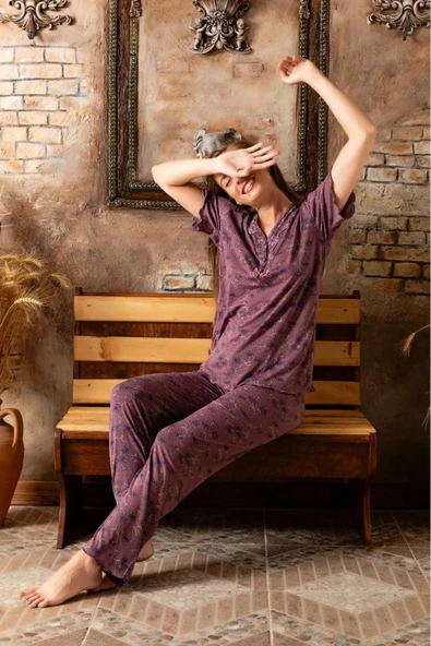 Sude Kadın Bambu Yakası Nakışlı V Yaka Kısa Kol İnce Pijama Takımı P/4398 - 1 Adet  M Mürdüm