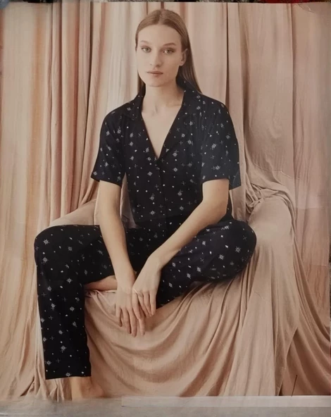 Pijamoni Kadın Viskon Boydan Düğmeli Kısa Kol İnce Pijama Takımı 7510/3 - 1 Adet  Siyah 2XL