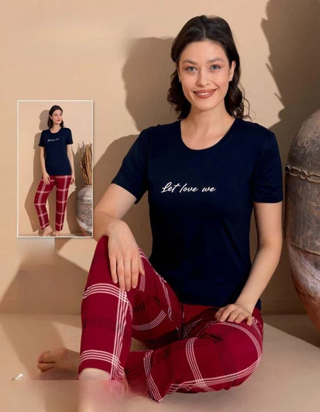 Boyraz Kadın Milan Bisiklet Yaka İnce Kısa Kol Pijama Takımı 11006 - 1 Adet  Lacivert 2XL - Resim 2