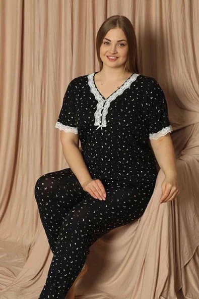 Pijamoni Kadın Viskon Büyük Beden Kısa Kol V Yaka İnce Pijama Takımı 7530/2 - 1 Adet  4XL Siyah ürün görseli