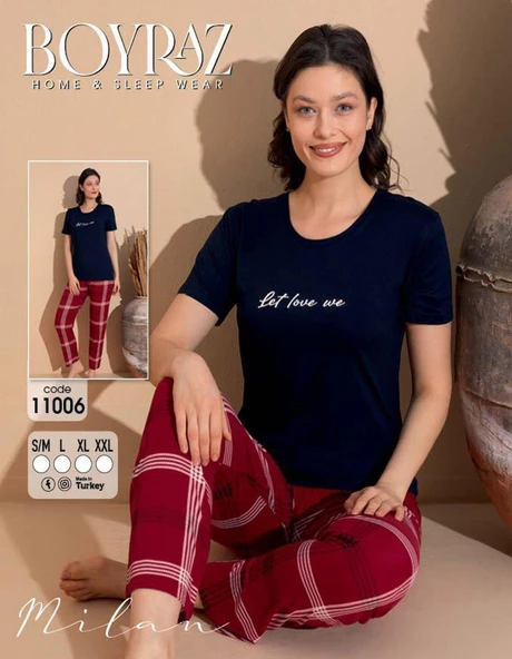 Boyraz Kadın Milan Bisiklet Yaka İnce Kısa Kol Pijama Takımı 11006 - 1 Adet  Lacivert 2XL - Resim 3