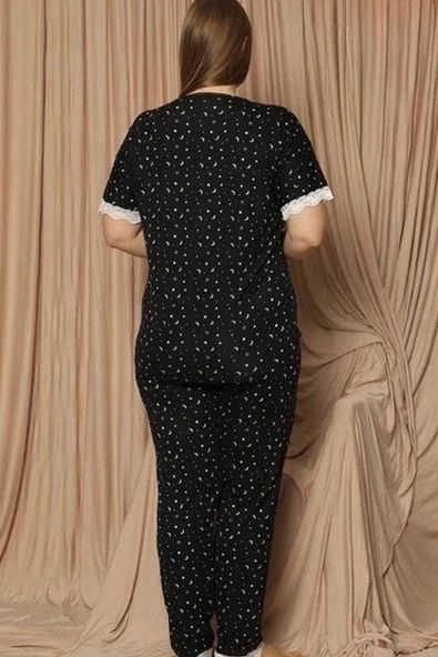 Pijamoni Kadın Viskon Büyük Beden Kısa Kol V Yaka İnce Pijama Takımı 7530/2 - 1 Adet  4XL Siyah - Resim 4
