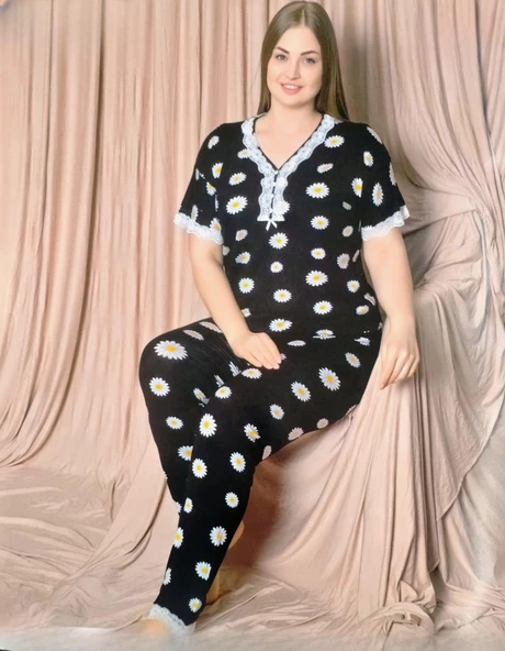 Pijamoni Kadın Viskon Büyük Beden Kısa Kol V Yaka İnce Pijama Takımı 7530/5 - 1 Adet  Siyah 5XL
