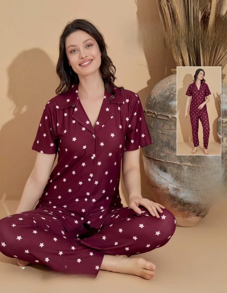 Boyraz Kadın Milan Boydan Düğmeli Kısa Kol İnce Pijama Takımı 11035 - 1 Adet  XL Bordo