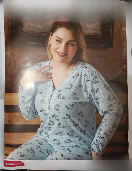 Sude Kadın Bambu Büyük Beden Uzun Kol V Yakası Nakışlı İnce Pijama Takımı P/4331- 1 Adet  Mavi 3XL