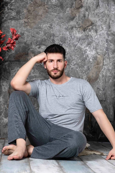 Sude Erkek Süprem Bisiklet Yaka İnce Kısa Kol Pijama Takımı K300/194 - 1 Adet  M Gri