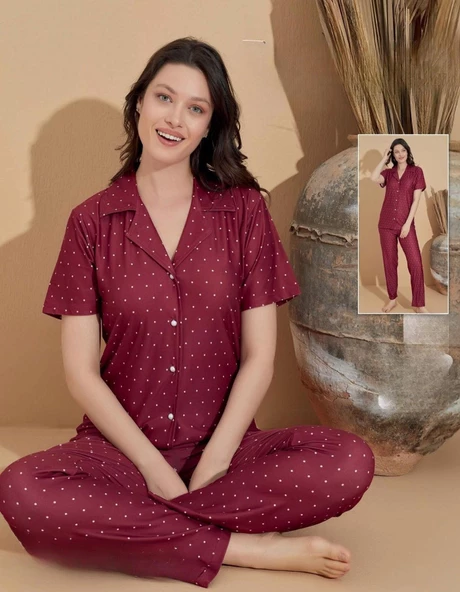 Boyraz Kadın Milan Boydan Düğmeli Kısa Kol İnce Pijama Takımı 11037 - 1 Adet  XL Bordo - 2