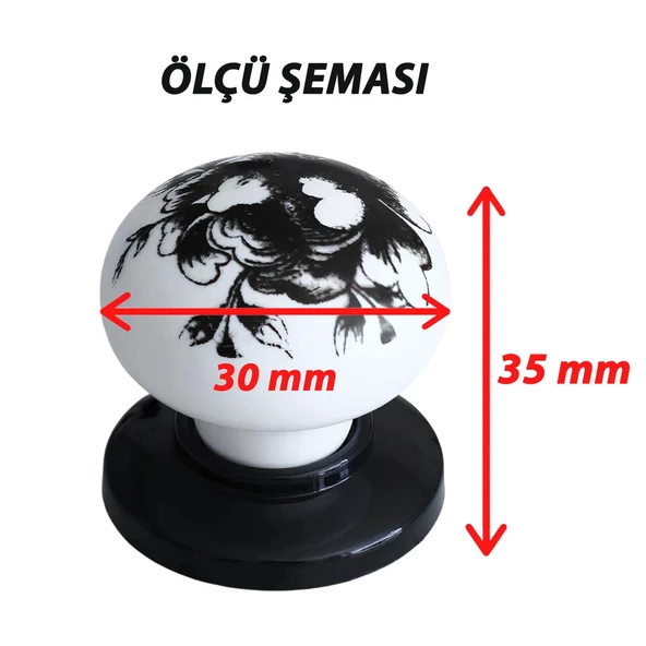 Siyah Gül Desenli Beyaz Polimer Düğme Kulp Siyah Tablalı Mobilya Mutfak Dolabı Çekmece Kulbu Kulpları - 3