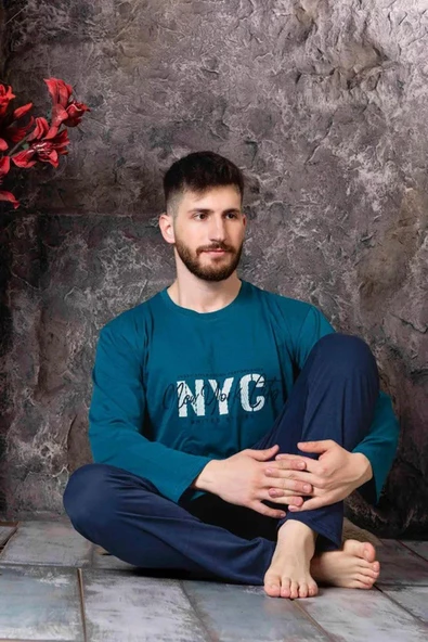 Sude Erkek Süprem Bisiklet Yaka İnce Uzun Kol Pijama Takımı P300/98 - 1 Adet  L Petrol ürün görseli