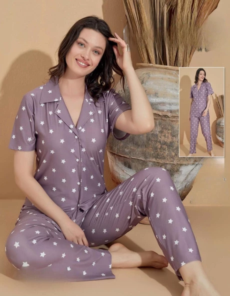 Boyraz Kadın Milan Boydan Düğmeli Kısa Kol İnce Pijama Takımı 11032 - 1 Adet  M Lila