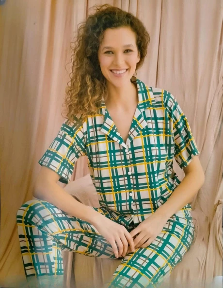 Pijamoni Kadın Viskon Boydan Düğmeli Kısa Kol İnce Pijama Takımı 7510/12 - 1 Adet  XL Yeşil