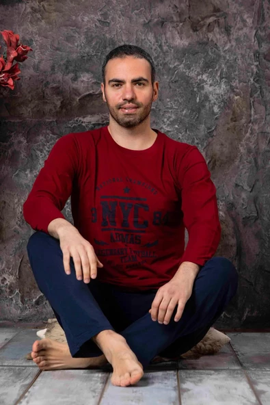 Sude Erkek Süprem Bisiklet Yaka İnce Uzun Kol Pijama Takımı P300/12 - 1 Adet  XL Bordo - 1