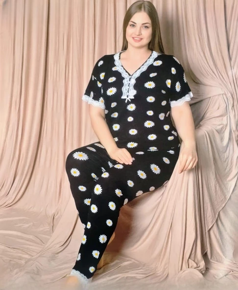Pijamoni Kadın Viskon Büyük Beden Kısa Kol V Yaka İnce Pijama Takımı 7530/5 - 1 Adet  Siyah 5XL - 2