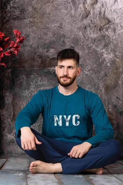 Sude Erkek Süprem Bisiklet Yaka İnce Uzun Kol Pijama Takımı P300/98 - 1 Adet  L Petrol - Resim 2