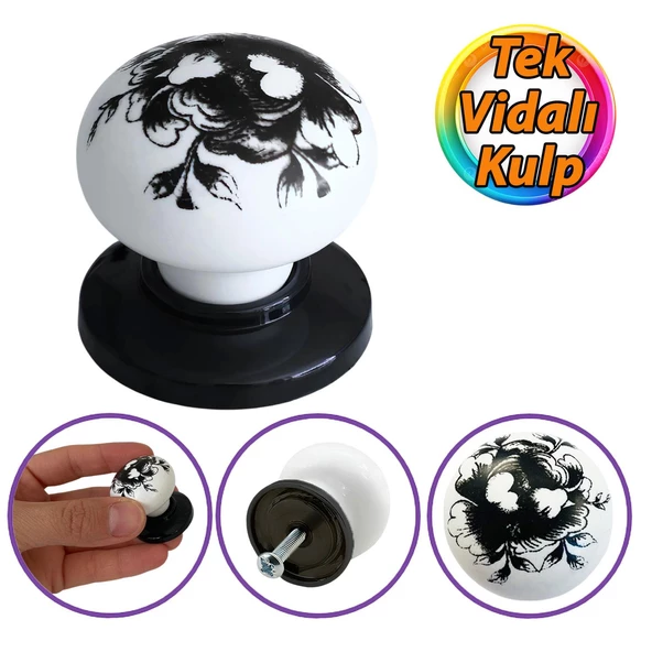 Siyah Gül Desenli Beyaz Polimer Düğme Kulp Siyah Tablalı Mobilya Mutfak Dolabı Çekmece Kulbu Kulpları