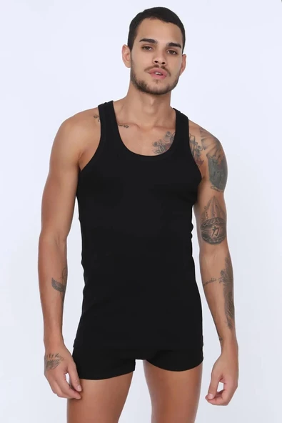 Saran Erkek Penye %100 Pamuk Klasik Askılı Atlet 3005 - 3 Adet  Siyah 2XL