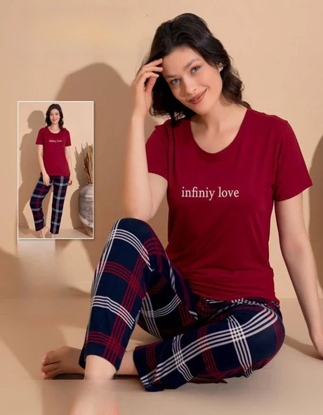 Boyraz Kadın Milan Bisiklet Yaka İnce Kısa Kol Pijama Takımı 11007 - 1 Adet  Bordo 2XL