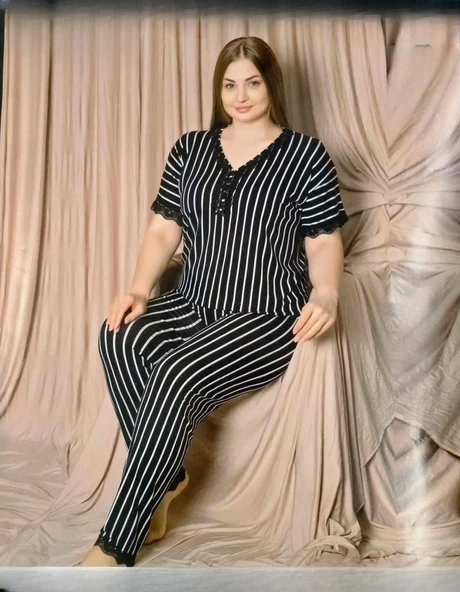 Pijamoni Kadın Viskon Büyük Beden Kısa Kol V Yaka İnce Pijama Takımı 7530/1 - 1 Adet  Siyah 5XL