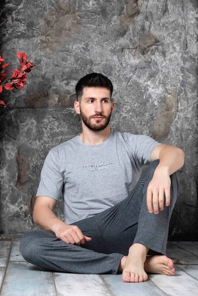 Sude Erkek Süprem Bisiklet Yaka İnce Kısa Kol Pijama Takımı K300/194 - 1 Adet  L Gri - Resim 2