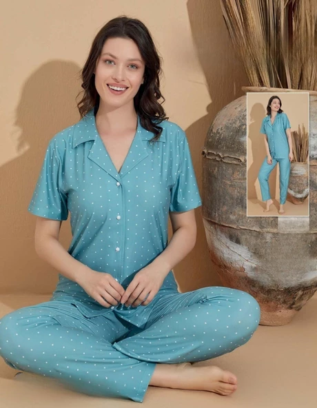 Boyraz Kadın Milan Boydan Düğmeli Kısa Kol Su Yeşili İnce Pijama Takımı 11034 - 1 Adet  XL Yeşil