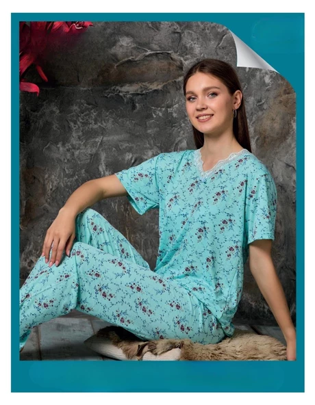 Sude Kadın Bambu Yakası Nakışlı V Yaka Kısa Kol İnce Pijama Takımı P300/312 - 1 Adet  L Yeşil