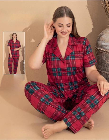 Boyraz Kadın Milan Büyük Beden Boydan Düğmeli Kısa Kol İnce Pijama Takımı 11081 - 1 Adet  4XL Kırmızı
