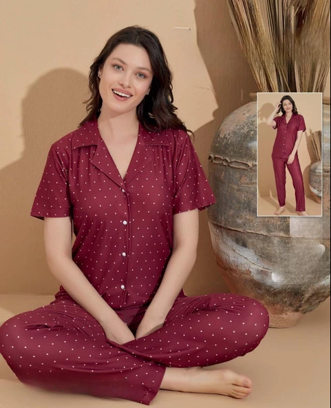 Boyraz Kadın Milan Boydan Düğmeli Kısa Kol İnce Pijama Takımı 11037 - 1 Adet  L Bordo