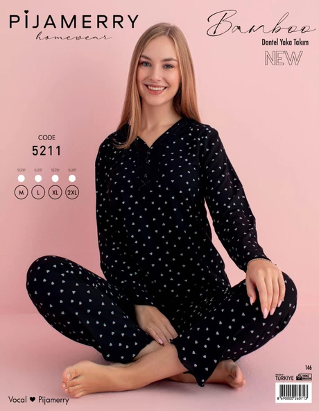 Pijamerry Kadın Dantel Yaka Bambu Uzun Kol Pijama Takımı 5211 - 1 Adet  Siyah M - Resim 3