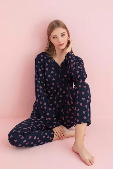 Pijamerry Kadın Dantel Yaka Bambu Uzun Kol Pijama Takımı 5209 - 1 Adet  2XL Koyu Lacivert