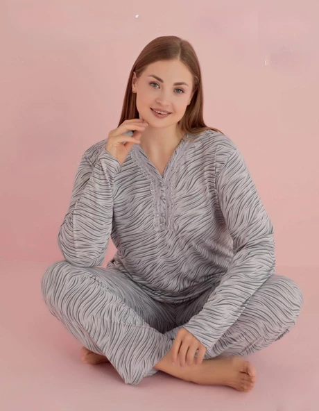 Pijamerry Kadın Büyük Beden Dantel Yaka Bambu Uzun Kol Pijama Takımı 5074 - 1 Adet  4XL Gri