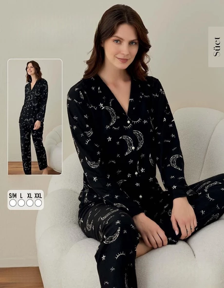 Boyraz Kadın Süet Boydan Düğmeli Pijama Takımı 02009 - 1 Adet  XL Siyah - Resim 2