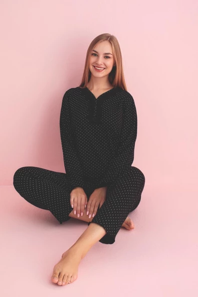 Pijamerry Kadın Dantel Yaka Bambu Uzun Kol Pijama Takımı 5210 - 1 Adet  Siyah M - 2