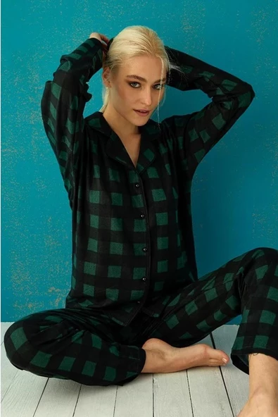 Pijamoni Kadın Süet Önden Düğmeli Pijama Takımı 56602 - 1 Adet  Yeşil 2XL
