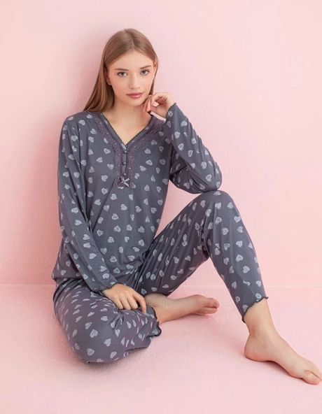 Pijamerry Kadın Dantel Yaka Bambu Uzun Kol Pijama Takımı 5204 - 1 Adet  L Füme