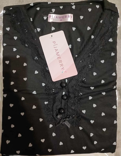 Pijamerry Kadın Dantel Yaka Bambu Uzun Kol Pijama Takımı 5211 - 1 Adet  Siyah M - Resim 4