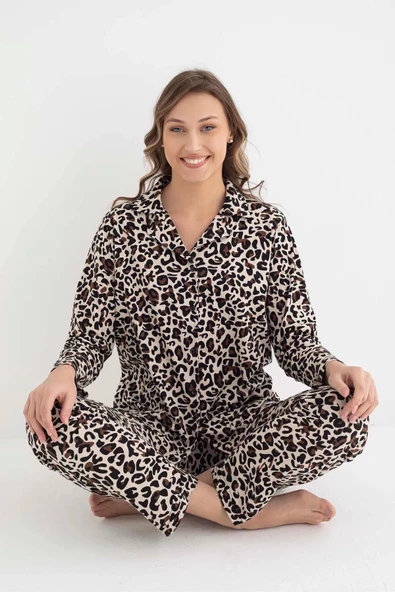 Senfoni Kadın Gömlek Yaka Uzun Kol Leopar Desenli Pamuklu Pijama Takımı 6007 -1 Adet  Kahverengi 2XL